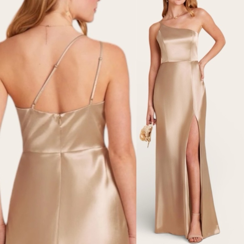 Birdy Grey Bridesmaid Kensie Dress in Shiny Satin Neutral Champagne Size Small